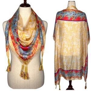 Johnny Was Silk Scarf Tassels Yellow Floral Paisley Border Square Boho 42x42